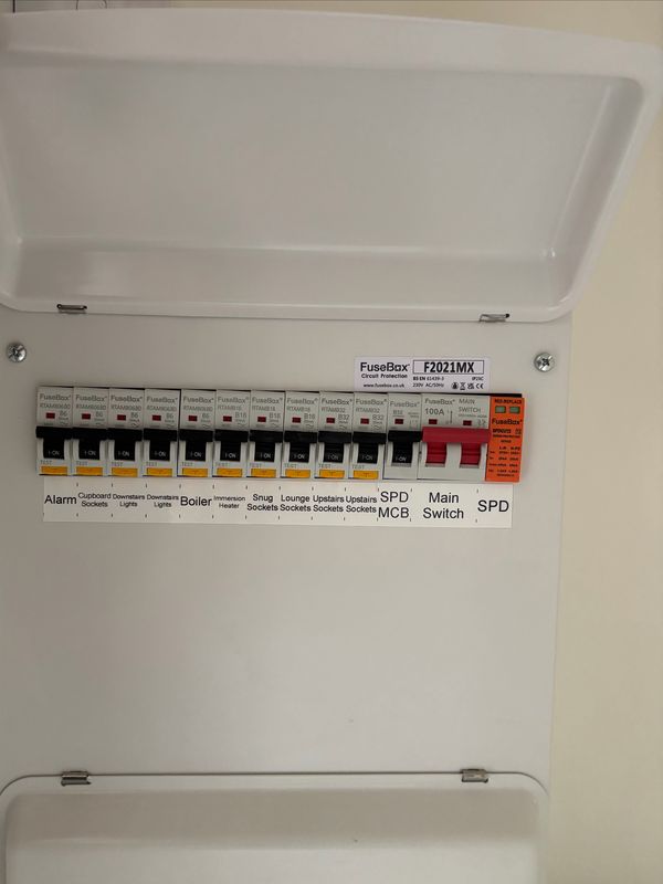 FuseBox F2021MX consumer unit with individual RCBO protection and printed labels for each circuit, installed by AK Electrical