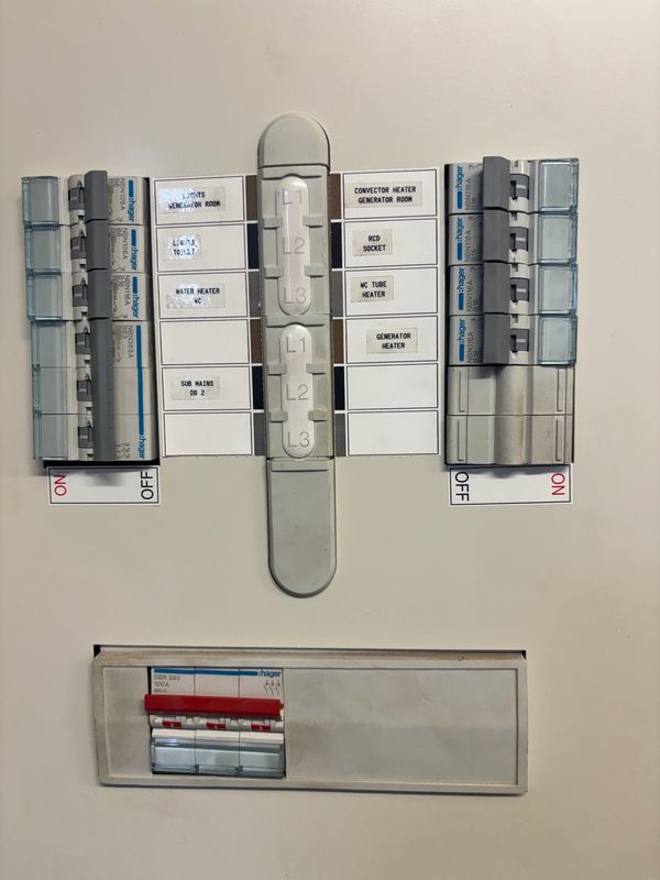 Hager three-phase commercial distribution board with labelled circuits and a sub-main, installed by AK Electrical